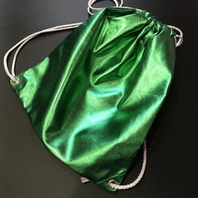 China Custom luxury shiny promotional green leather bag PU drawstring sports backpack beach /sport/travel/gym bag for sale