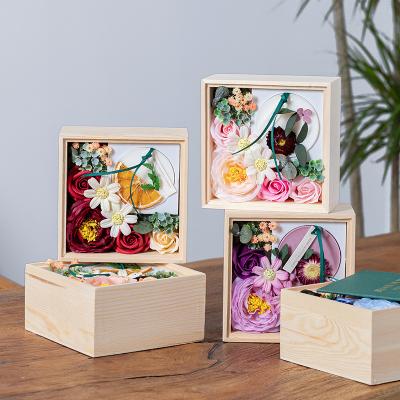 China Popular Eternal Rose Flower Box Soap Flower Matchbox Style Gift Waxed Indoor Valentine's Day Gift Decoration With Wooden Box for sale