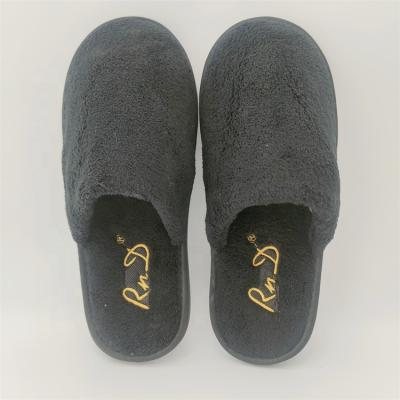 China Home Hotel Spa Displacement Black Coral Velvet Thickened Comfortable Black EVA Soles Embroidered Disposable Hotel Slippers Hotel Spa Slippers for sale