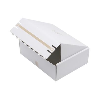 China Custom Recyclable Self Adhesive Corrugated Cardboard Ad Subscription E-Flute Fancy Product White Apparel Box With Adhesive And Lacing for sale