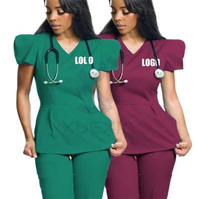 China Antibacterial Top Quality Hospital Uniform Sets Stretch V-Neck Straight Pants+Tops Spandex Scrub Sets Scrubs Healthcare Wear for sale