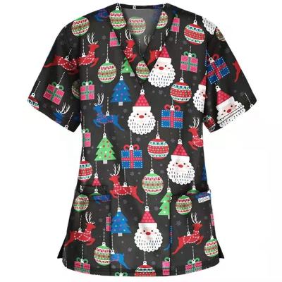 China Hospital Christmas Scrub Tops Nursing Scrub Uniforms Women Spandex Cartoon Short Sleeved Dental Hospital Shirts for sale