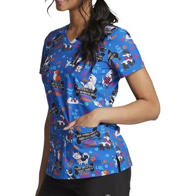 China 2021 Hospital Scrub Uniforms Tops Nursing Tees Cute Cartoon Scrub Polyester Spandex V-Neck Tee Shirts for sale