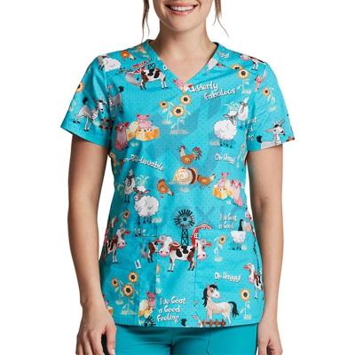 China Best Selling Hospital Items Scrub Tops Digital Print Cartoon Floral Print Nursing Tops Christmas Halloween Female Scrub Tops for sale