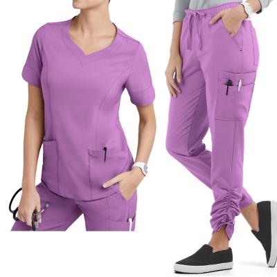 China Comfortable Wholesale Stylish Printed Hospital Uniform Lace Shorts Sleeve Scrubs Stacked Uniforms Scrubs Set for sale