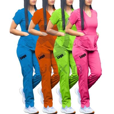 China Comfortable Good Quality Scrubs Uniforms V-Neck Elegant Short Sleeve Washable Nursing Custom Women Scrubs Sets for sale