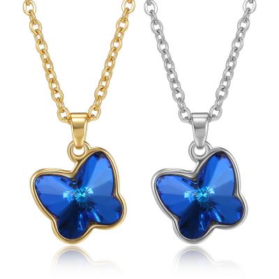 China Butterfly Pendant Crystal Gem Necklace Stainless Steel Durable Birthstone Valentine's Day Gift Necklace for sale