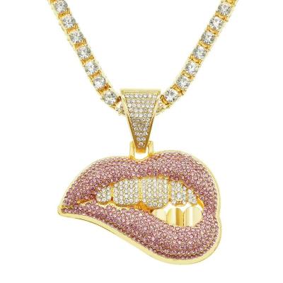 China New durable European and American personalized personalized sharp hiphop accessories hiphop accessories rhinestone pink zircon sexy lip teeth hip hop pendant for sale