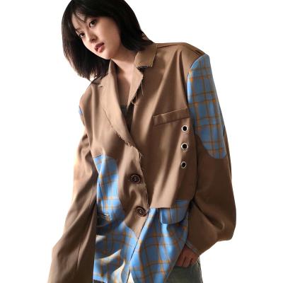 China Women Breathable Blazer Jacket Long Sleeve Chain Patchwork Plaid Hit Color Casual Blazer New for sale