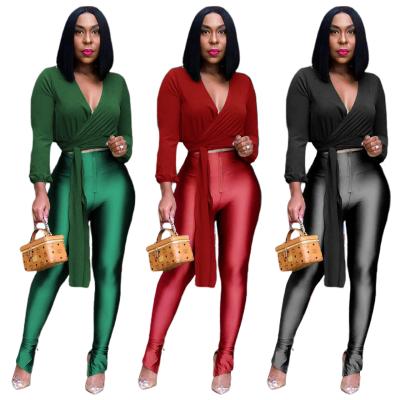 China The Main Autumn QUICK DRY Fashion Border V-Neckline 2 Piece Set For Women Skinny Tight Set for sale