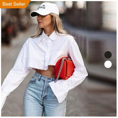 China Instock Blusa Breathable Apparel S-XL Fast Shipping Blouse White Black Irregular Designs Crop Top Turn Down Collar Shirts For Women Blouse for sale