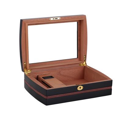 China Sale Custom Black Wooden Curved Wooden Box Cigar Humidor Bottom Edge Digital Glass Top Hygrometer Anti-scratch Bottom for sale