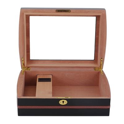 China Wholesale Manufacturer Curved Edge Wooden Cigar Humidor Box Digital Wooden Glass Top Hygrometer Cigar Box Anti-scratch Bottom for sale