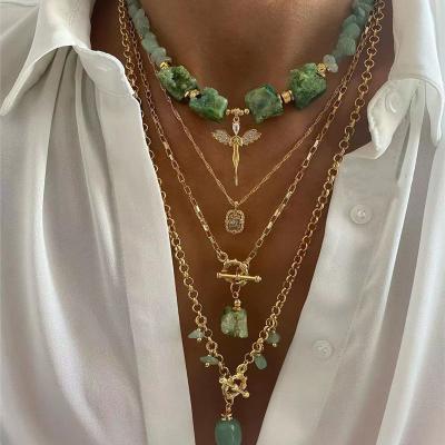 China MB-3 Vintage Stainless Steel Necklace Multilayer Chain Necklace Set Fashion Statement Gemstone Jewelry Pendant Necklace For Women for sale