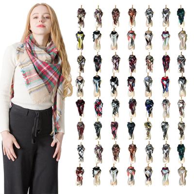 China Wholesale Women Warm Plaid Neck Tartan Polyester Triangular Winter Scarf for sale