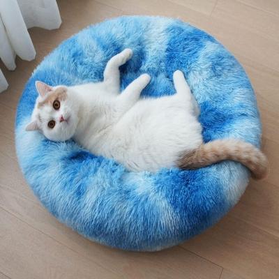 China Viable Wholesale Manufacturer Eco Friendly Gradient Cute Soft Plush Faux Fur Donut Dog Cat Pet Bed for sale