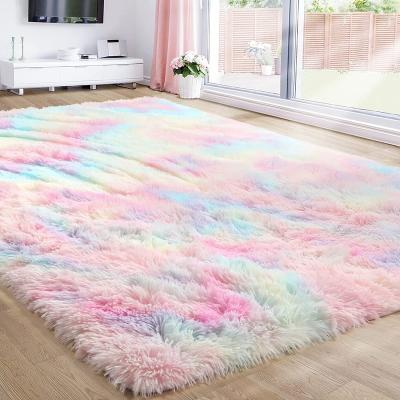 China Shaggy Carpet Floor Pv Plush Washable Custom Modern Decor Area Rug Design Rainbow Tied Dyed Rug for sale