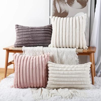 China Hot Sale Double Side Polyester Anti-bacteria Solid Color Striped Soft Faux Fur Sofa Decorative Corduroy Cushion Cover for sale