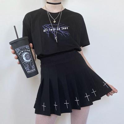 China High Waist Anti-Static Mini Black Skirts Gothic Streetwear Cross Print Pleated Women Skirts Casual College Lolita Harajuku Skirt for sale