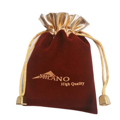 China New Design Custom Recyclable Velvet Drawstring Pouch With Gold Mouch for sale