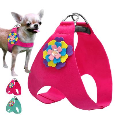 China Wholesale Soft Padded Suede Leather Dog Harness Cute Floral Vest For Small Medium Puppy Cat Poodle Yorkie ShihT for sale