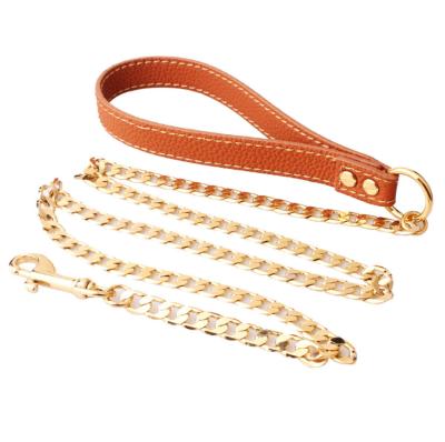 China 2020 Customized Personalized Dog Chain Leash Metal Leather With PU Dog Collars Hander for sale