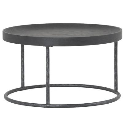 China (Other) Retro Round Adjustable Coffee Table Black Metal Frame With Wooden Top Big + Small Size for sale