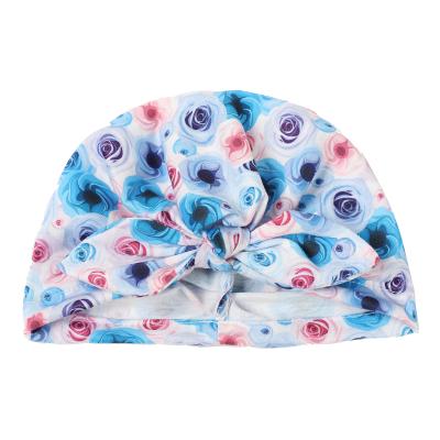 China Popular Casual Gifts Baby Milk Silk Hat Floral Print Headband Ruffle Bow Baby Hat Children Beanie for sale