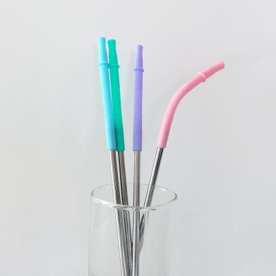 China 2020 New Arrivals Bar Accessories 304 Stainless Steel Sustainable Metal Drinking Straw With 360 Degree Curvy Silicone Tip for sale