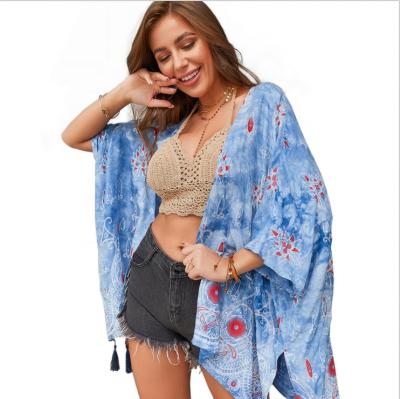 China Anti-Shrink Accept Focus Sketch Custom Tassel Beach Cotton Loose Kimono for sale