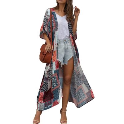 China Boho Floral Print Free Size Summer Beach Wear Anti-Pilling Long Kimono Kaftan for sale