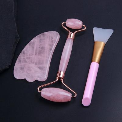 China Good quality natural beauty face beauty quartz jade roller massager gua sha pink crystal board set face massage jade roller for sale