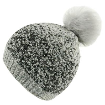 China JOINT Ladies mohair acrylic yarn + lurex loaf knitted hat with faux fur pompom for sale