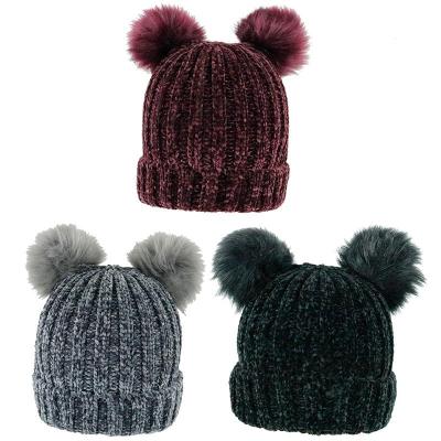 China JOINT Polyester Chenille Winter Warm Knitted Ladies Hat With Pompom for sale