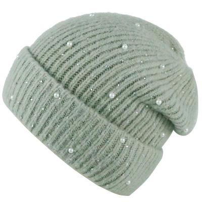 China JOINT Ladies 100%acrylic knitted skullcap hat with pearls and rhinestones for sale