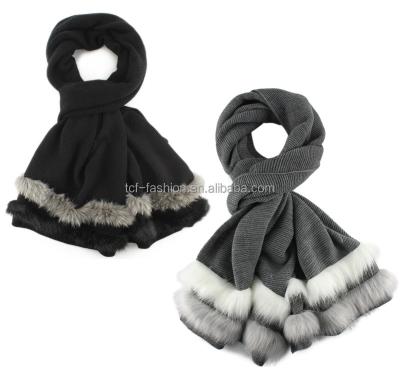 China Ladies Fashion Long Big Pompom Faux Fox Fur Acrylic Fringe Fashion Knitted Scarf for sale