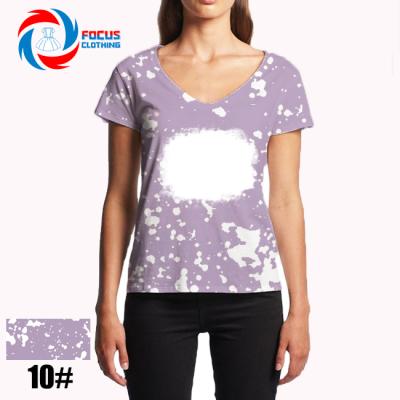 China Anti-Wrinkle V-Neckline Sublimation Shirts Custom 100% Polyester Fake Bleached Shirts For Women Casual for sale