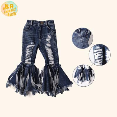 China HOT SALE Breathable Tassel Waist Bell Bottom Double Breasted Denim Girls In Jeans Pants Full Pants for sale