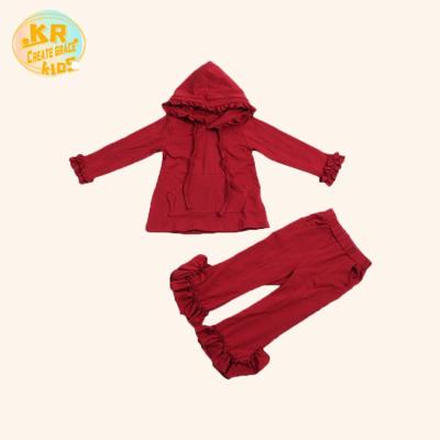 China New 2021 Autumn Spring Back To School Cotton Ruffle Sleeve Soft Solid Hoodie Set Children for sale