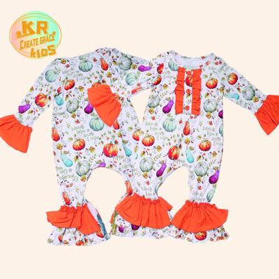 China Wholesale Cotton Kids Boutique Clothes Thanksgiving Day Pumpkin Design Baby Ruffles Long Sleeve Button Romper for sale