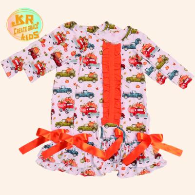 China Breathable Wholesale Kids Overalls Thanksgiving Designed Truck Pumpkin Print Boutique Girl Romper for sale