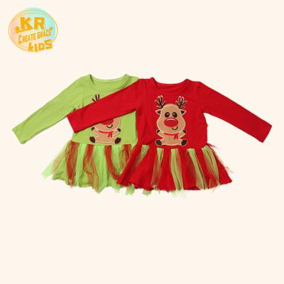 China Anti-wrinkle Boutique Cartoon Elk Print Clothing Mesh Decoration Fall Dresses For Children Long Sleeve for sale