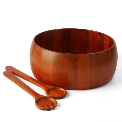 China LARGE ACACIA WOODEN SALAD BOWL SET SUSTAINABLE WITH SERVER for sale