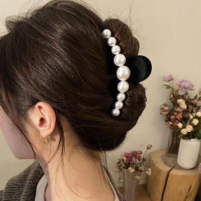 China Casual Clip Retro Bow Velvet Large Shark Clip Female Back Head Hairpin Pearl Headdress Hair Accessories for sale