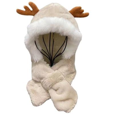 China Image Children's woolly hats winter plush thickened cute antlers baby one hat windproof hats and scarves for boys and girls for sale