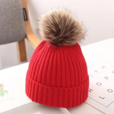 China Image Winter Warm Big Pompom Baby Knitted Hat Cute Hairball Newborn Infant Boys Girls Hat Bonnet Solid Color Kids Beanie 0-6annum for sale