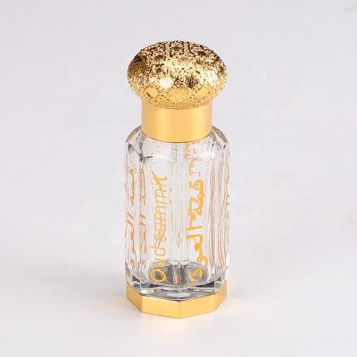 China Custom Engraving Fancy Perfume Essential Oil Crystal Glass Perfume Bottles Of Oud 3ml 6ml 12ml In Gold Metal Arabic Personal Care With Gold Cap for sale