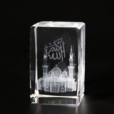 China Europe 3D Laser Engraved Islamic Masjid Nabawi Allah Crystal Glass Building Model Cube For Muslim Souvenir Guest Gifts for sale