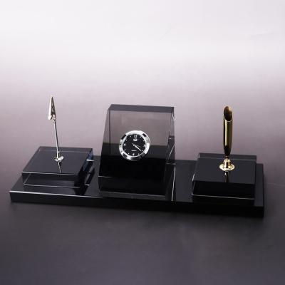 China New China Design Black Crystal Office Stationery Set With Clock / Pen Holder For Table Decoration for sale