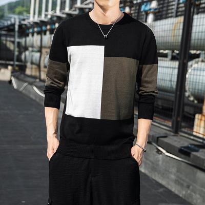 China Anti-wrinkle fashion high quality men full sleeve knitted plaid round neck pullover sweater for spring and autumn for sale